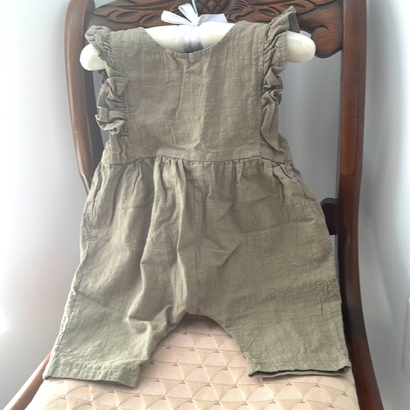 None Other - Boutique Olive green linen romper onsie ruffle shoulders harem butt pant baby